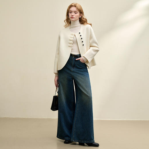 90%绵羊毛简约高级感呢料大衣女秋冬圆领外套V0043972 商品图1