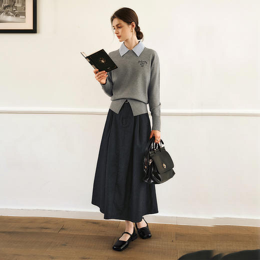 OLrain欧芮儿法式复古半身裙女春季2025年新款褶皱通勤牛仔A字裙 商品图3