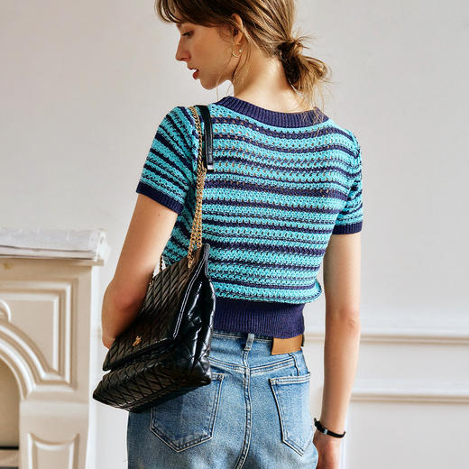 OLrain欧芮儿法式蓝色针织衫女春季2025年新款拼色条纹镂空套头衫 商品图3