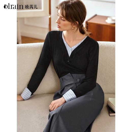OLrain欧芮儿黑色V领T恤女春季2025年新款拼接假两件长袖上衣 商品图0