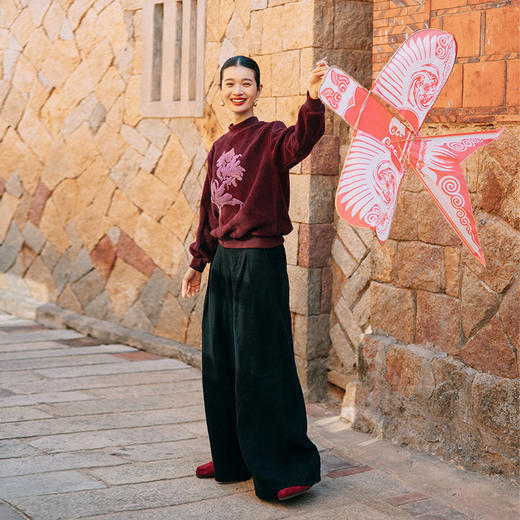 绽放旅行女装021朵/冬季5*5皱重磅砂洗亚麻松紧腰直筒休闲长裤 商品图3