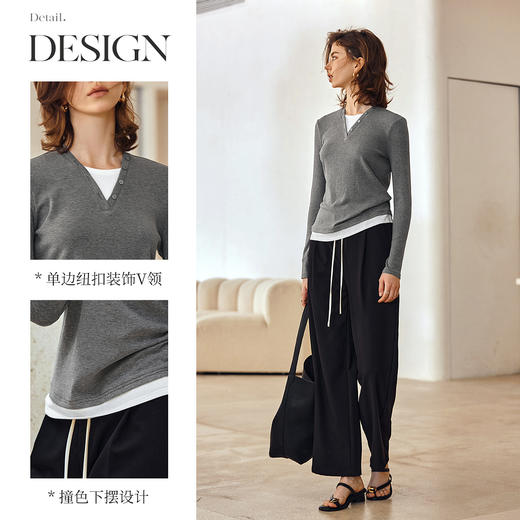 OLrain欧芮儿灰色长袖T恤女春季2025年新款假两件V领设计感上衣 商品图1