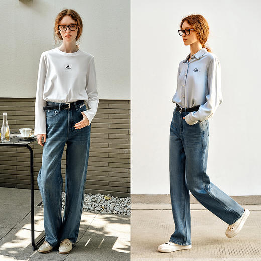 OLrain欧芮儿蓝色牛仔裤女春季2025年新款时尚百搭直筒休闲阔腿裤 商品图3