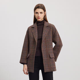 【系带收腰羊毛羊驼大衣】24年秋冬新品女士经典格子毛呢保暖外套