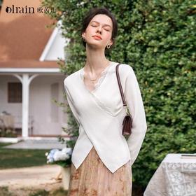 OLrain欧芮儿法式白色针织衫女春季2025年新款收腰拼接蕾丝套头衫