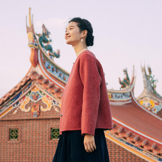 绽放058朵/羊毛花纱人字纹双面呢新中式斜门襟撞色手工盘扣外套 商品图1