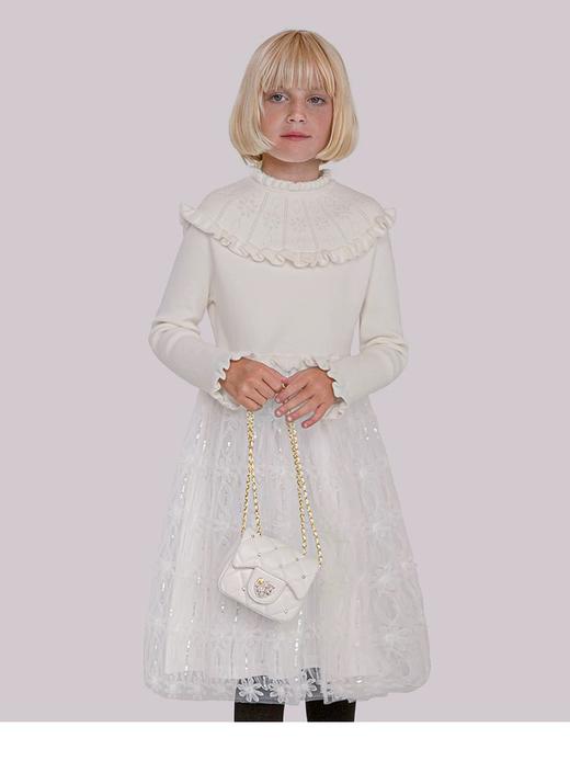 【春上新】【3折】8楼琳麦罗 LYNNMILO白色毛织提花拼网纱木耳领长袖连衣裙  吊牌价：1175元  活动价：352元 商品图2