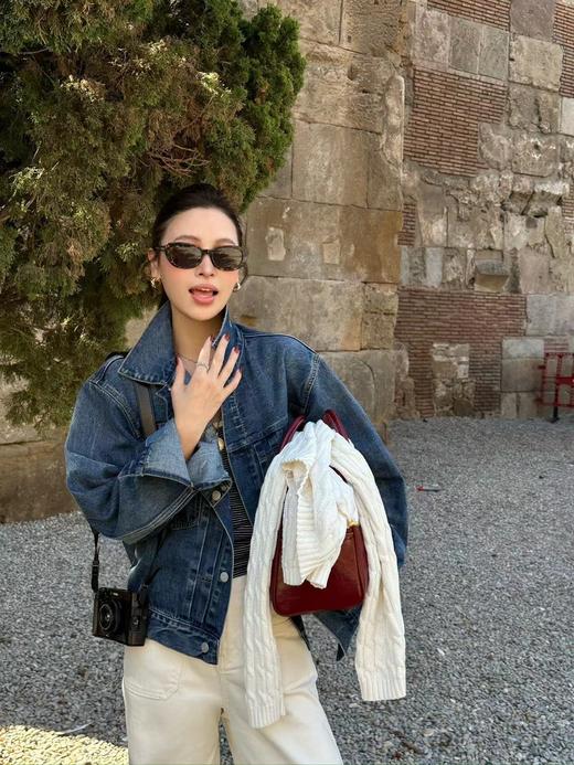 顺丰包邮洛诗琳40606设计感复古翻领磨白条纹破洞短款牛仔外套112 商品图3