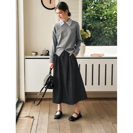 OLrain欧芮儿法式复古半身裙女春季2025年新款褶皱通勤牛仔A字裙 商品图1