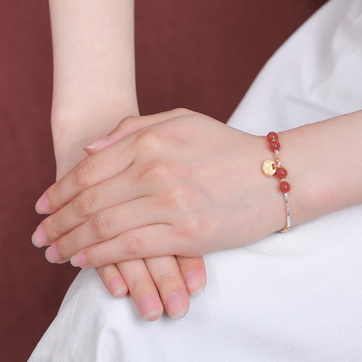 【长命富贵】S925银镀金红玛瑙圆珠分色碎银长命锁牌手链【CW-SL11735-5】 商品图3