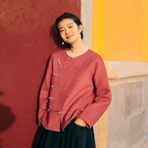 绽放058朵/羊毛花纱人字纹双面呢新中式斜门襟撞色手工盘扣外套 商品图0