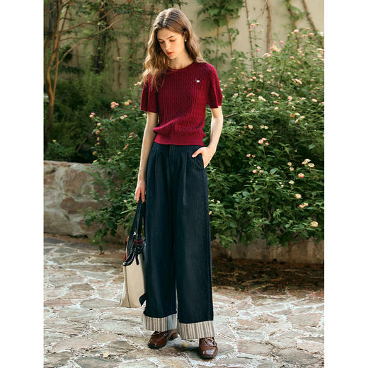 OLrain欧芮儿法式复古牛仔裤女冬季2024年新款时尚撞色翻边阔腿裤 商品图1