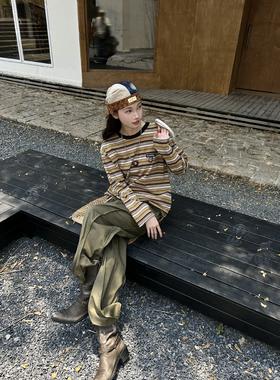 顺丰包邮洛诗琳40125秋冬万能打底上衣美式街头复古条纹纯棉长袖T498