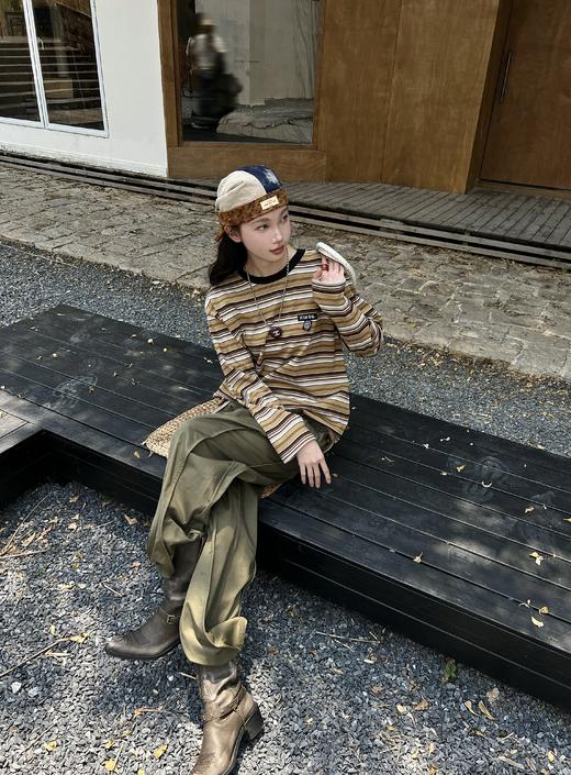 顺丰包邮洛诗琳40125秋冬万能打底上衣美式街头复古条纹纯棉长袖T498 商品图0