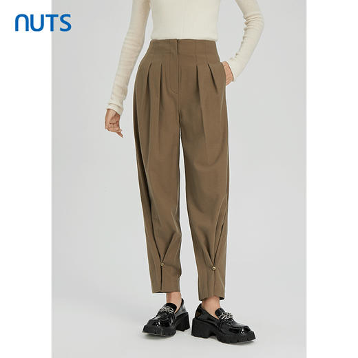 NUTS秋冬款棕色高腰显瘦设计感收脚休闲长裤女241073188B 商品图1