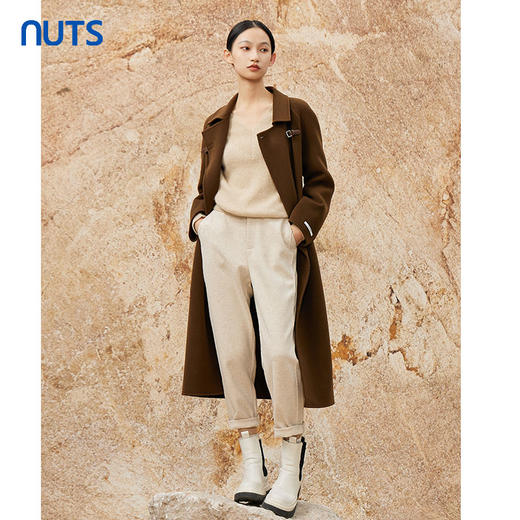 NUTS冬款棕色高级设计感简约翻领复古手工呢料长外套女343152049 商品图0