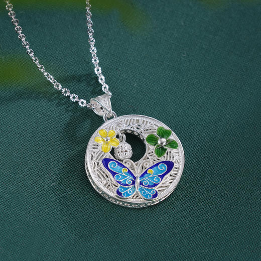 子佩集S990银【娇花静蝶】套链【MXTL024】纯银花丝珐琅彩项链2412 商品图3