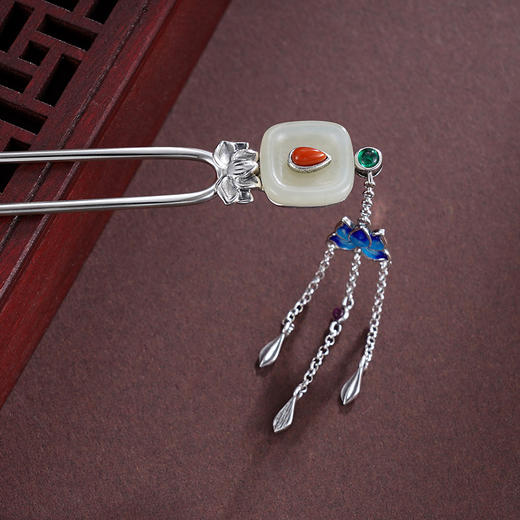 子佩集S925银【羡莲清韵】发簪【TS00094】纯银仿古珐琅彩和田玉2412 商品图2