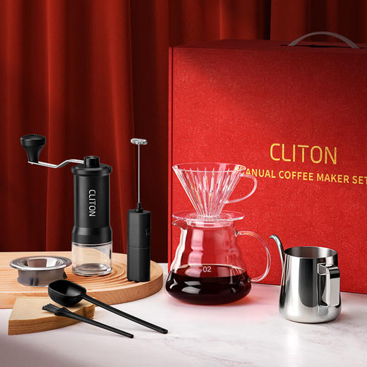 积分免费兑：CLITON手摇磨豆机咖啡豆研磨机手磨咖啡机咖啡壶滤杯手冲壶新年礼盒套装 商品图1