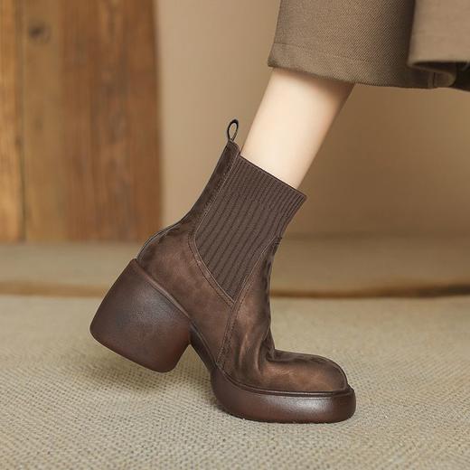 【预售5天】头层牛皮厚底马丁靴，真皮瘦瘦弹力靴新款秋冬季拼色高跟短靴TYMXY&A6808 商品图3