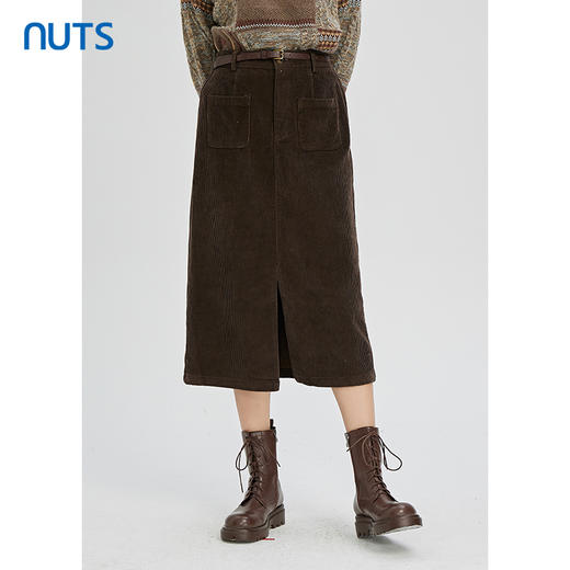 NUTS秋冬款复古气质百搭高腰显瘦直筒开叉灯芯绒长裙女241063628 商品图0