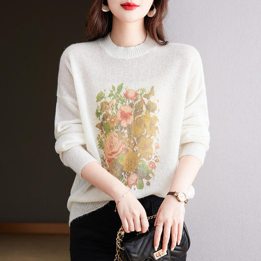 SZ1286浪漫优雅数码印花马海毛毛衣女2024秋冬新款圆领针织衫上衣女 商品图0