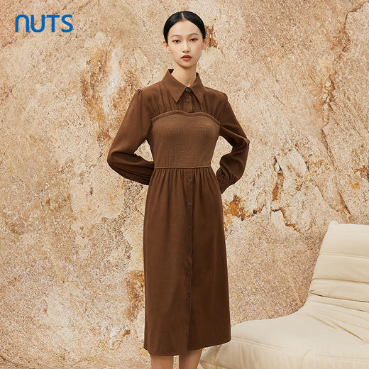 NUTS秋冬款复古气质时尚针织拼接修身衬衫长袖连衣裙女341101090 商品图0