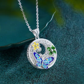 子佩集S990银【娇花静蝶】套链【MXTL024】纯银花丝珐琅彩项链2412