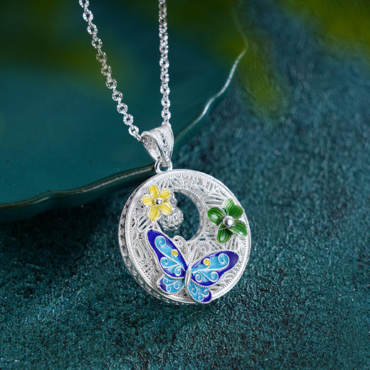 子佩集S990银【娇花静蝶】套链【MXTL024】纯银花丝珐琅彩项链2412 商品图1
