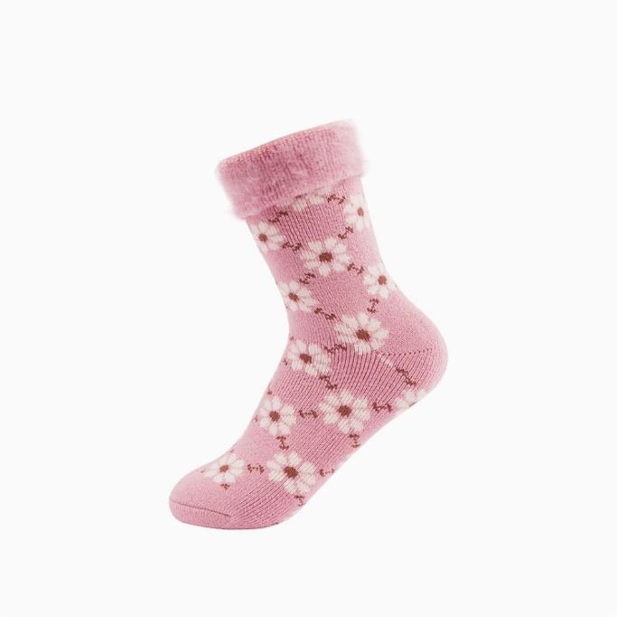 ATSUGI秋冬里起毛保暖翻边可爱居家袜清新花朵少女短袜加绒棉袜RGA3574