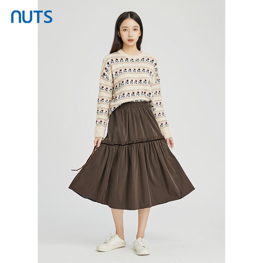 NUTS秋冬款棕色花边气质百搭松紧高腰显瘦长款半身裙女241063220 商品图2