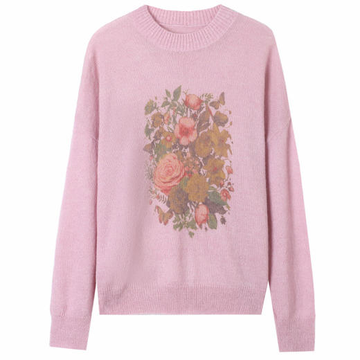 SZ1286浪漫优雅数码印花马海毛毛衣女2024秋冬新款圆领针织衫上衣女 商品图4