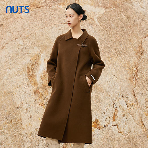 NUTS冬款棕色高级设计感简约翻领复古手工呢料长外套女343152049 商品图1