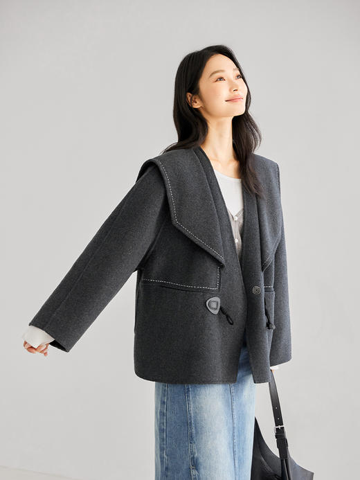 IC 百搭舒适休闲撞色米粒绣双面呢大衣外套女新款高级感上衣 商品图8