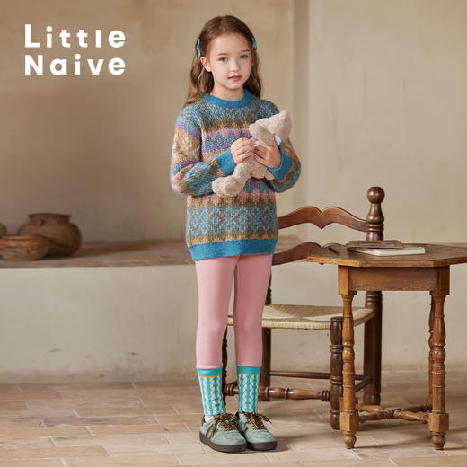 LittleNaive秋冬款大童外穿打底长裤撞色百搭弹力女童加绒打底裤 商品图3