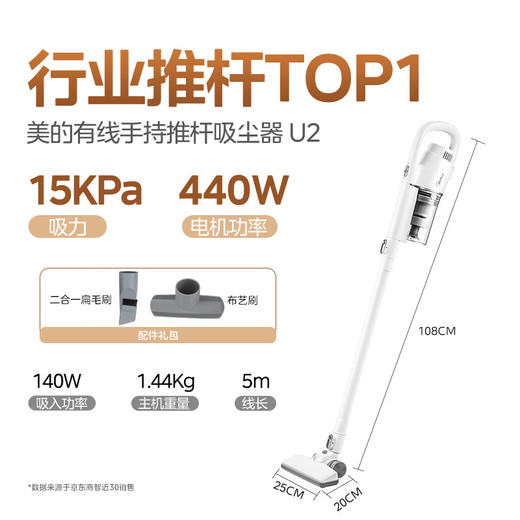 积分免费兑：美的（Midea）吸尘器家用U2 有线手持推杆地毯两用 大吸力吸尘器 大功率轻便清洁机 商品图0