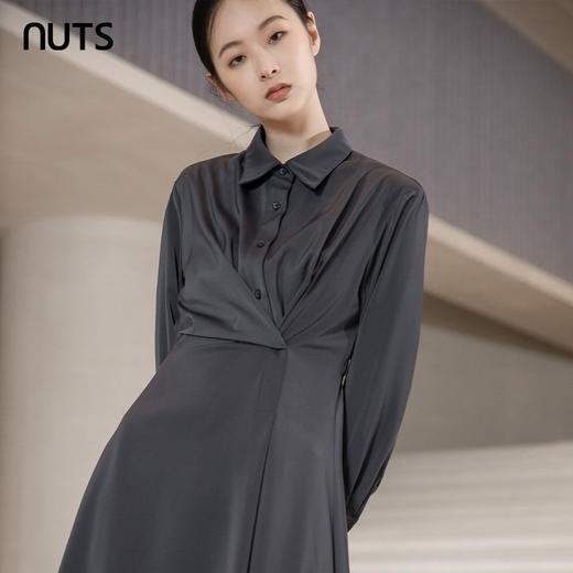 NUTS春秋款灰色高级感百搭气质通勤高腰显瘦长袖连衣裙241103007B 商品图2