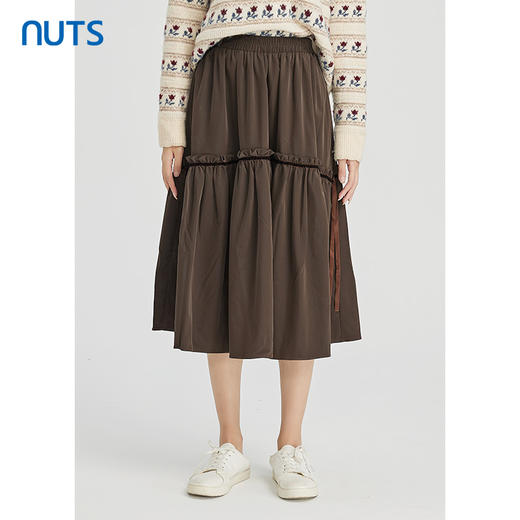 NUTS秋冬款棕色花边气质百搭松紧高腰显瘦长款半身裙女241063220 商品图3