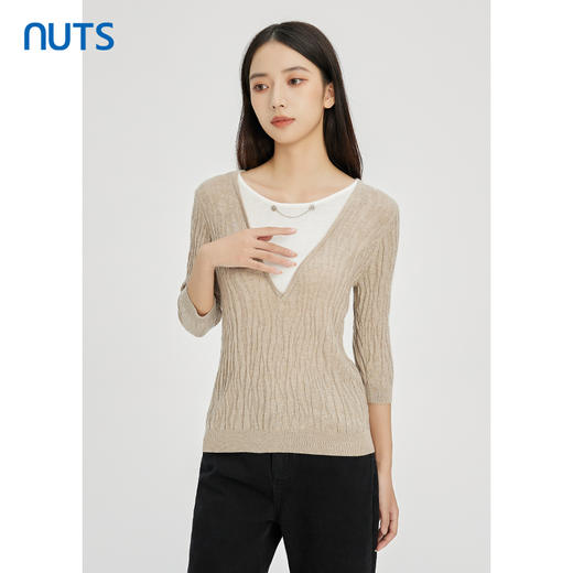 NUTS秋冬款气质百搭设计感时尚V领毛织套头衫假两件女241052225 商品图3