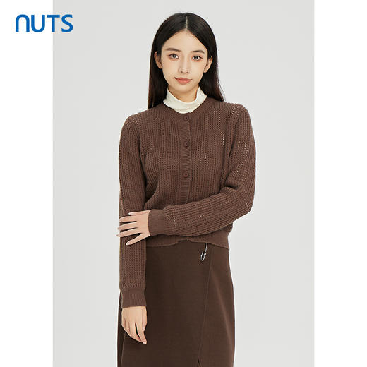 NUTS棕色气质百搭通勤圆领镂空短款针织外套女241053176 商品图2