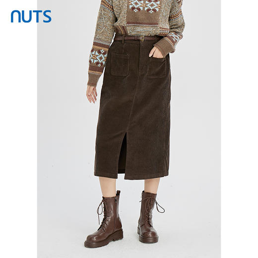 NUTS秋冬款复古气质百搭高腰显瘦直筒开叉灯芯绒长裙女241063628 商品图3