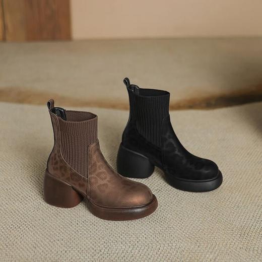 【预售5天】头层牛皮厚底马丁靴，真皮瘦瘦弹力靴新款秋冬季拼色高跟短靴TYMXY&A6808 商品图1