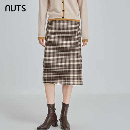 NUTS秋冬款复古气质高腰直筒显瘦格子中长款半身裙女241063286B 商品图0