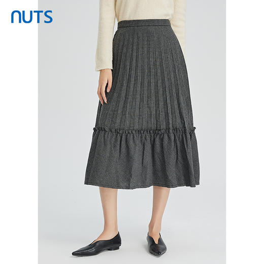 NUTS复古气质百搭松紧高腰显瘦百褶长款半身裙女241063296B 商品图1