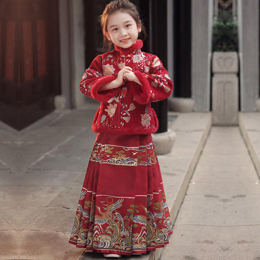 冬款女童马面裙套装加绒加厚唐装红色新年装拜年服GR9040 商品图0