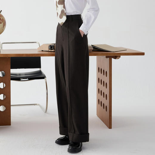 谜底阔腿裤长裤女2025春新品通勤风宽松羊毛混纺休闲裤251MK0009 商品图1