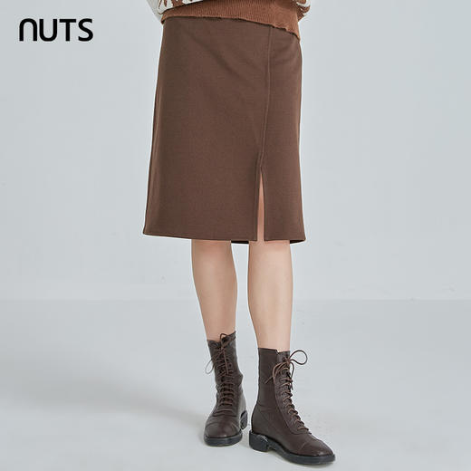 NUTS秋冬款棕色时尚通勤气质开叉直筒中长款半身裙女241063043B 商品图0