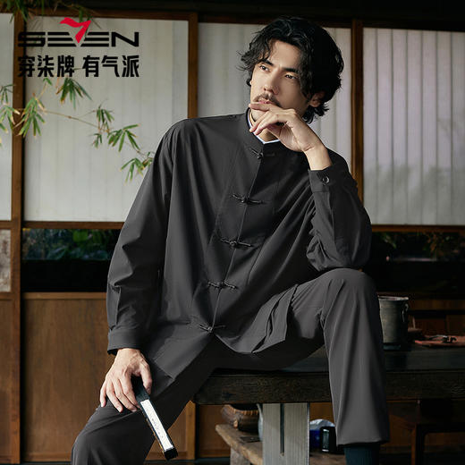 【中华立领】柒牌男士暗格纹唐装春季新款新中式盘扣黑色立领外套128K70550 商品图1