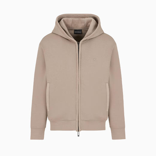 EMPORIO ARMANI 阿玛尼 男士小鹰徽标天鹅绒细节双层平纹针织连帽开衫式卫衣 灰褐色 6D1M97 1JHSZ 0144 商品图0