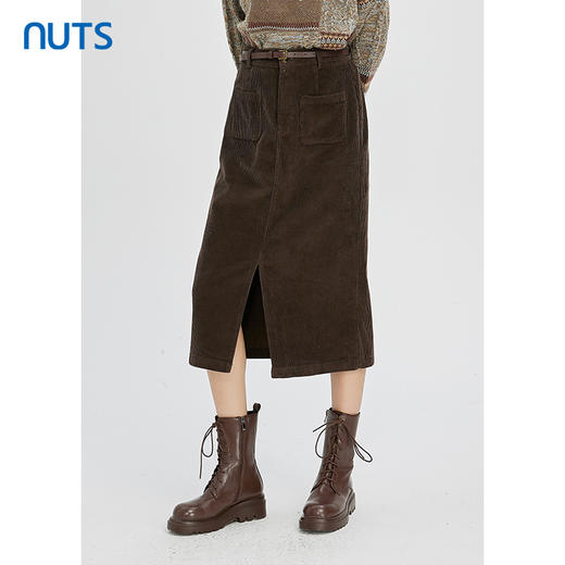 NUTS秋冬款复古气质百搭高腰显瘦直筒开叉灯芯绒长裙女241063628 商品图1
